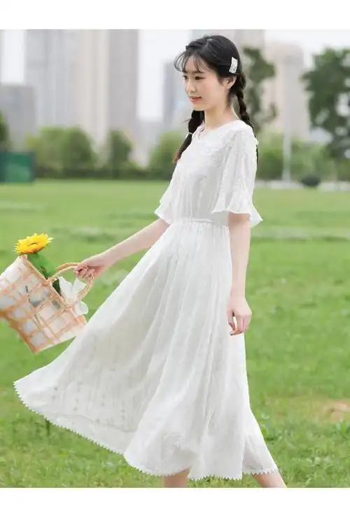 少女白色连衣裙夏季长款高初中学生夏装超仙女大童雪纺长裙子过膝白色