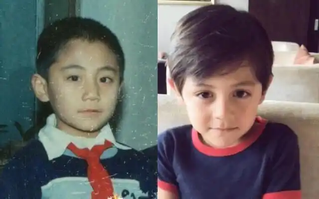 照片中的小刘烨,眼睛圆圆的,系着红领巾,看着非常有精气神.