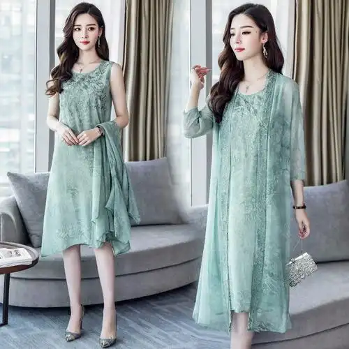时尚两件套真丝连衣裙