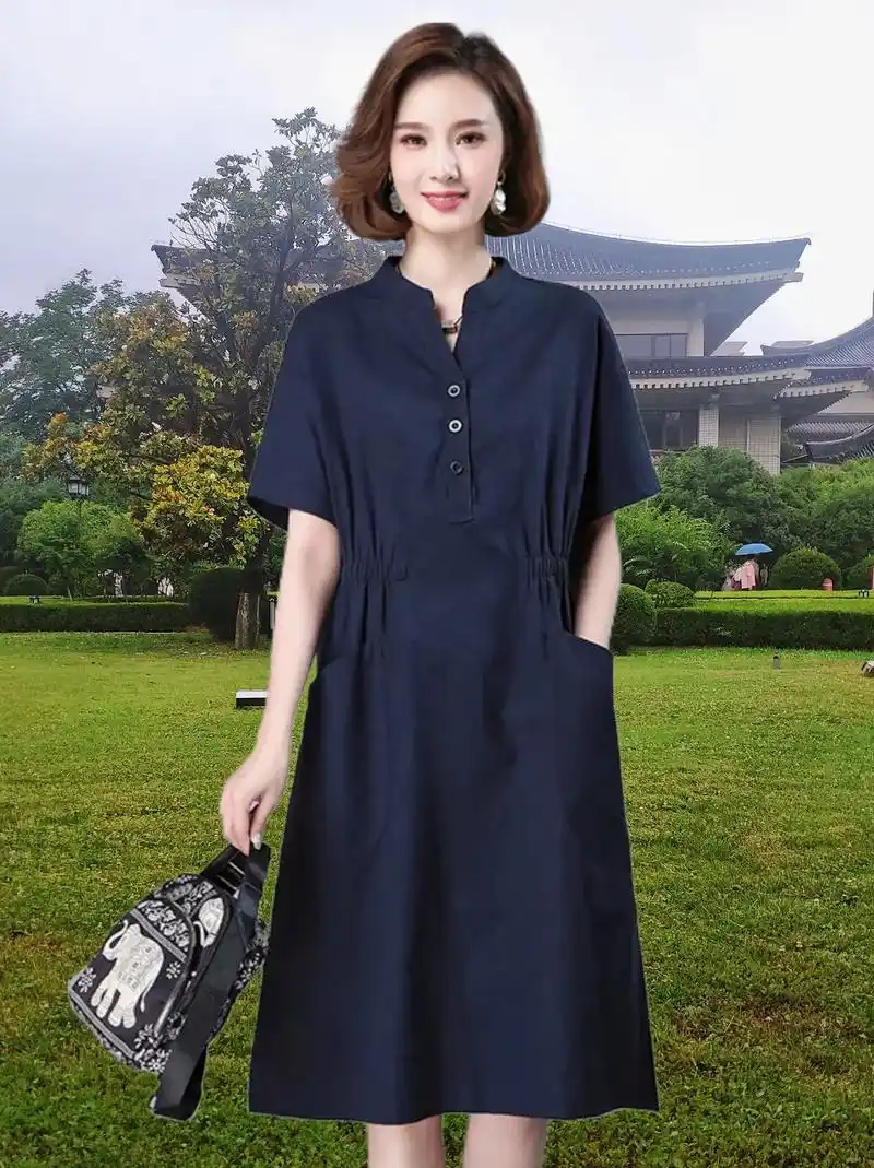 夏季新款洋气减龄气质妈妈高级感棉麻连衣裙