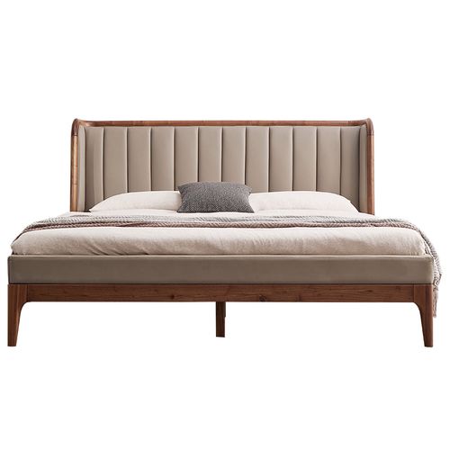 北美黑胡桃木床意式极简轻奢卧室实木双人床简约1.8米真皮软包床