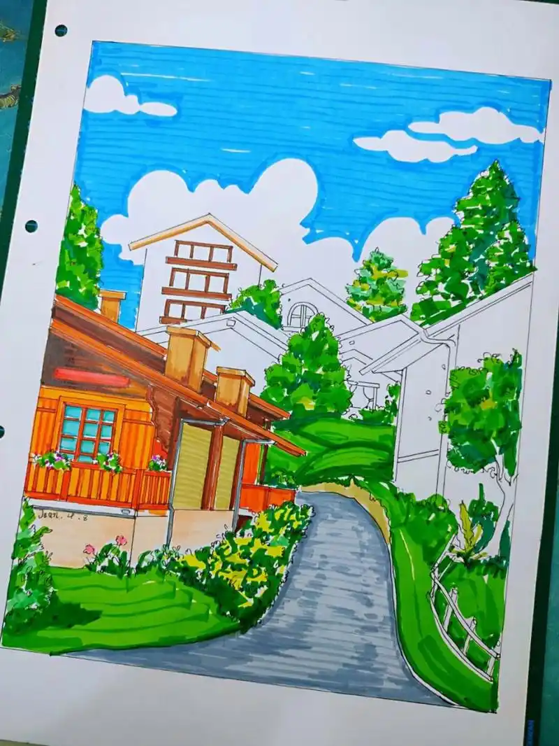 马克笔风景画(山中小屋)上色 #马克笔画# #风景画# #马克笔风景画