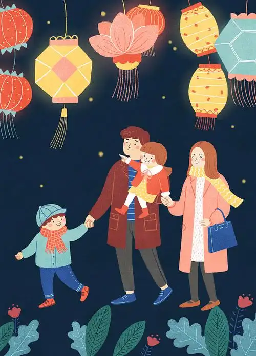 元宵节中秋节看花灯插画图片