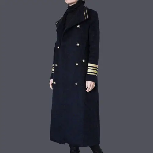 2017秋冬新款毛呢外套女中长款双排扣海军风宽松休闲呢子大衣