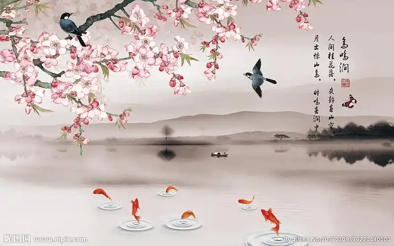 桃花水墨山水背景墙图片