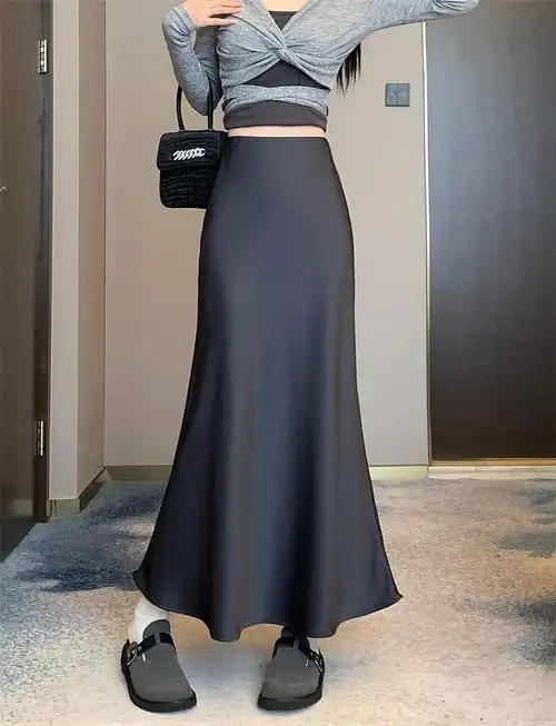 实拍~鱼尾裙半身裙女春季新款丝滑缎面垂感包臀中长款高腰a字裙 - 17