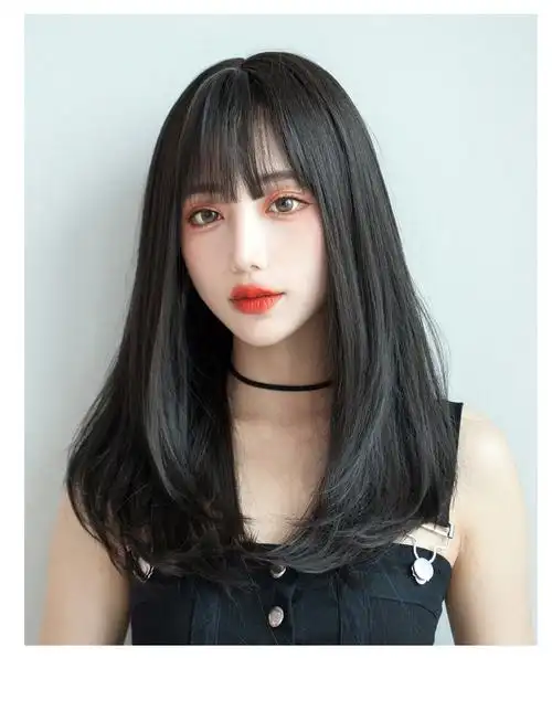 内扣假发女中长发微卷发 自然全头套式逼真黑色空气刘海长发