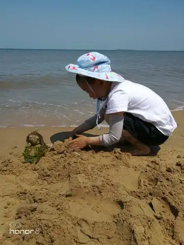 对湿湿的沙子总是很感兴趣