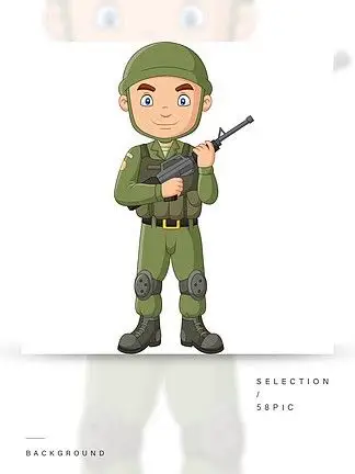 卡通人物士兵和军事帐篷矢量图有枪的漫画人物战士和在白色传染媒介