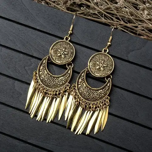 少数民族耳环云南风金属感长款流苏女复古港风汉服傣族耳饰品 古银色