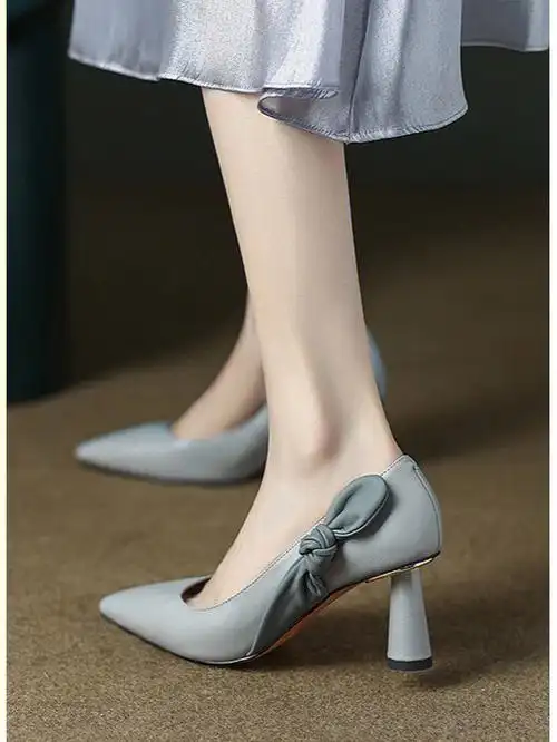 法式拼色羊皮高跟鞋灰色好gao级