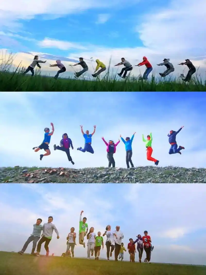 一起运动中抓拍,比如奔跑,跳跃,充分发挥你的想象