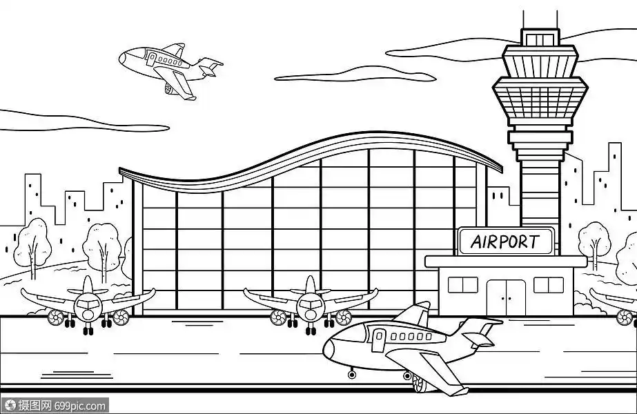 飞机场场景简笔画航站楼春运