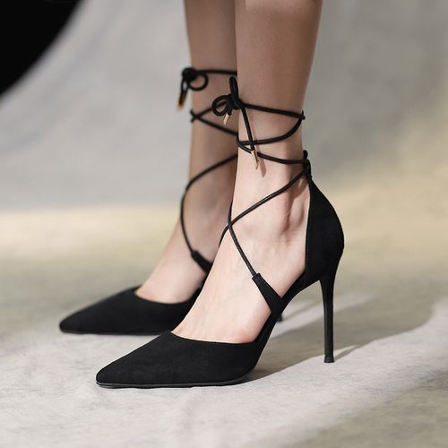 2022年夏新款黑色尖头细绳绑带高跟鞋女细跟性感时尚包头复古凉鞋