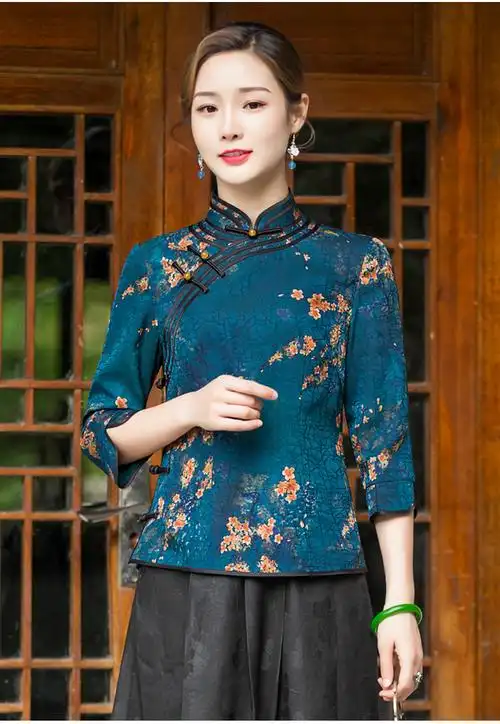 旗袍上衣春季新款日常中式复古民国风开襟显瘦女士唐装花色s