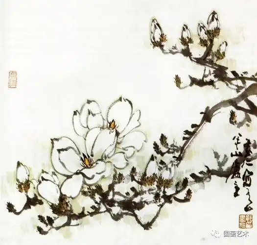 玉兰画法示范之五来源:《跟徐湛学国画:二》,徐湛著,北京:科学普及