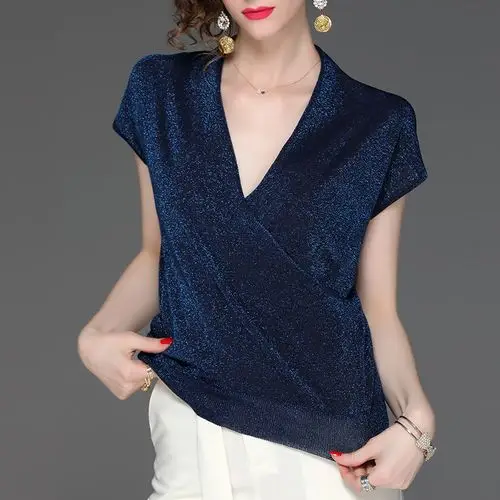 2019新款气质v领小衫冰丝短袖针织衫薄款时尚修身显瘦上衣女夏t恤