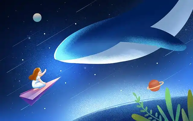 卡通手绘梦想纸飞机插画坐纸飞机的女孩与宇宙中的鲸鱼原创插画海