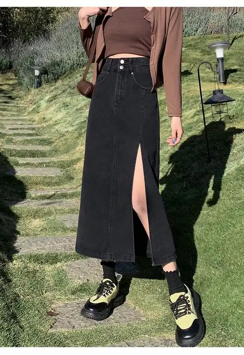 春夏2022黑色牛仔裙半身裙春夏中长款包臀高腰排扣开叉显瘦a字裙阿美