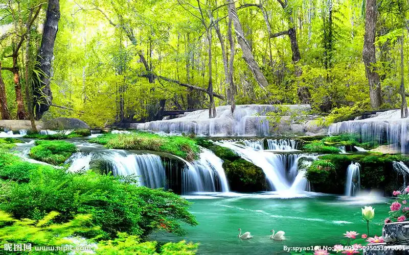 流水生财森林瀑布风景背景墙装饰图片