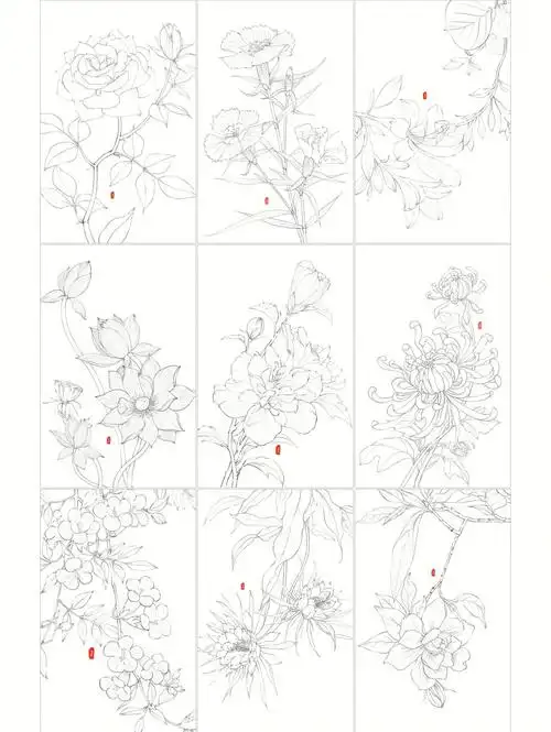 古风线描花卉九宫格