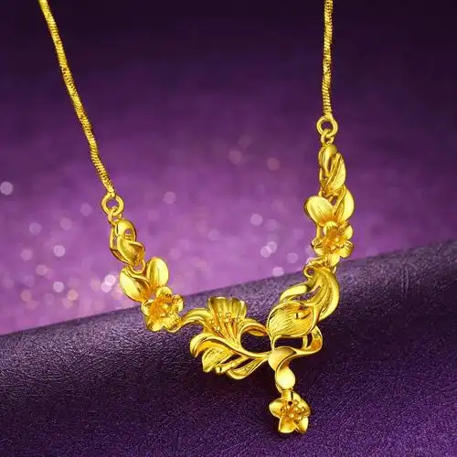 优雅花朵镀黄金项链女士款婚庆新娘结婚沙金首饰品吊坠锁骨链时尚