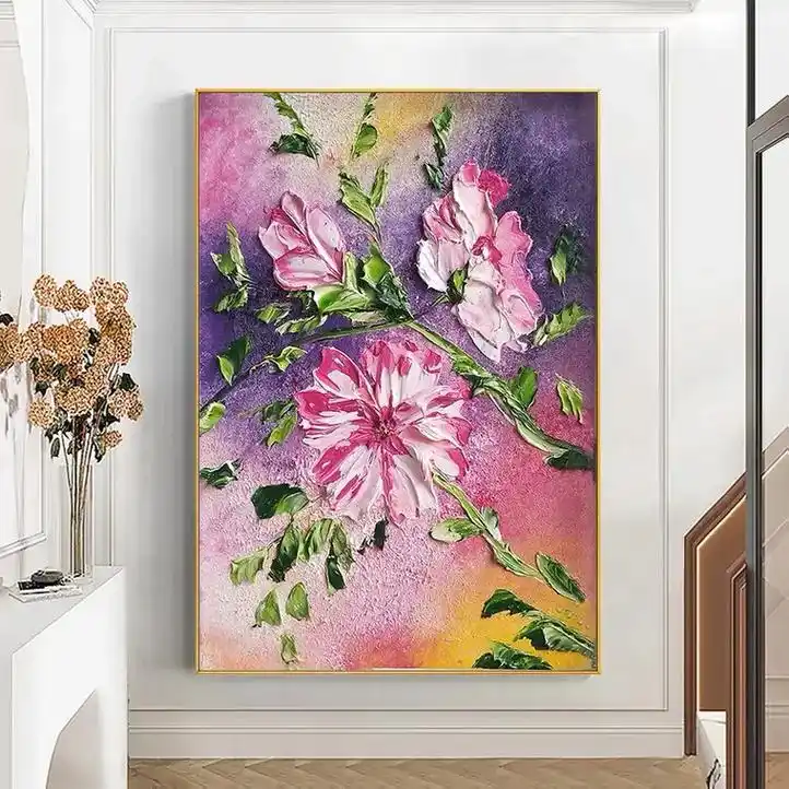 纯手绘油画北欧现代挂画花季玄关背景墙装饰画牡丹轻奢客厅餐厅画