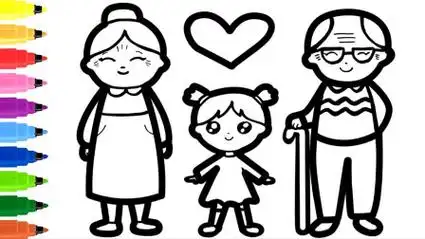 儿童娃娃趣味画画:给爷爷奶奶和他们的孙女涂颜色吧!