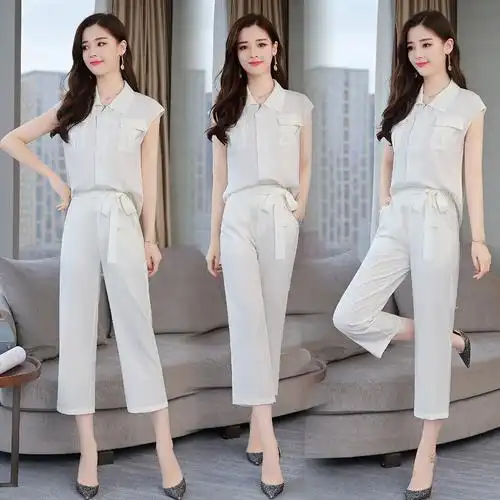 女士夏款新品女时尚气质七分阔腿裤子两件套潮ol风无袖职业套装潮