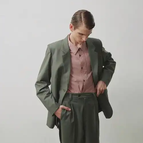 astaroth复古灰绿宽肩西装男女女同宽松廓形ins西服