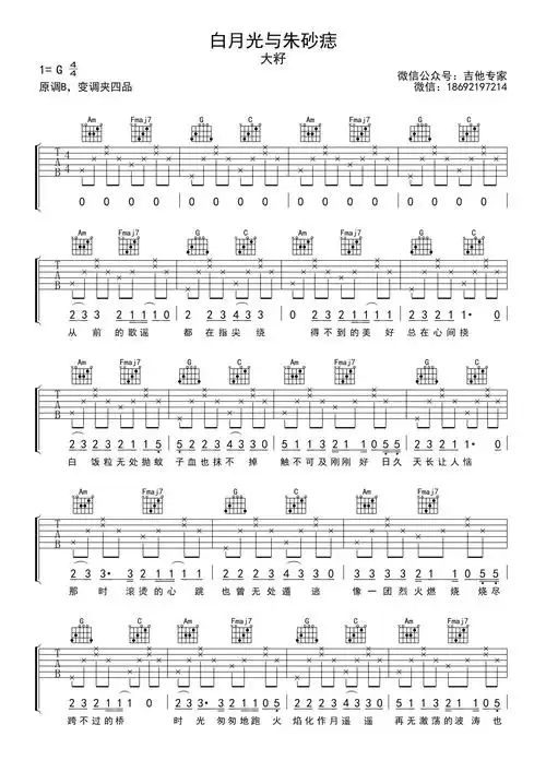大籽白月光与朱砂痣吉他谱g调吉他弹唱谱简单版
