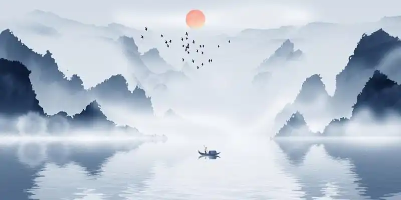 中国风意境水墨山水风景原创插画中国风意境水墨山水风景原创插