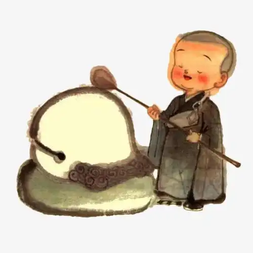 手绘水墨敲木鱼的小和尚