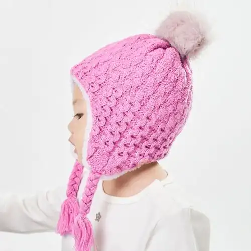 2018秋新款 儿童毛线帽 加绒加厚可爱女宝宝护耳帽毛球针织帽子