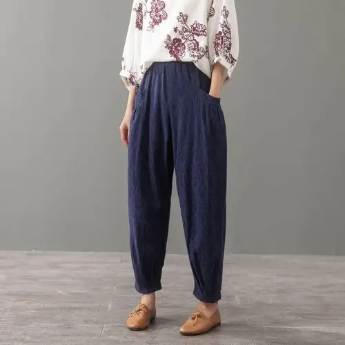 2019秋季新款棉麻提花灯笼裤松紧九分休闲裤女长裤四色一件代发
