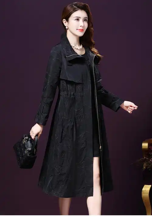 高定品牌春装女2020新款风衣女中长款韩版休闲收腰显瘦风衣外套 黑色