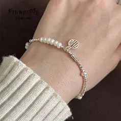 无新款不规格福字牌珍珠手链女款轻奢小众碎银子手串闺蜜手饰福牌碎银