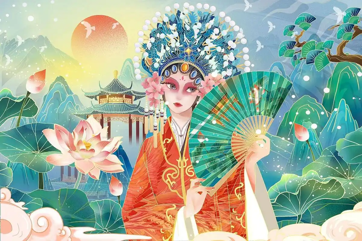 国潮插画|国潮戏曲美人插画图 国潮风之戏曲 戏曲剧种,是用来区分中国