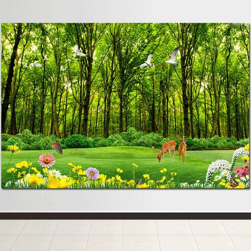 绿色森林壁画客厅树木办公室风景挂画树林沙发墙画大自然自粘画d5