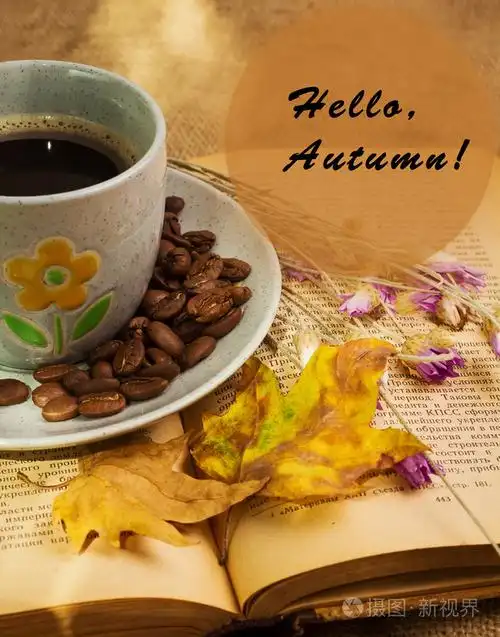 一杯咖啡躺在ot已打开的书与枫树叶子