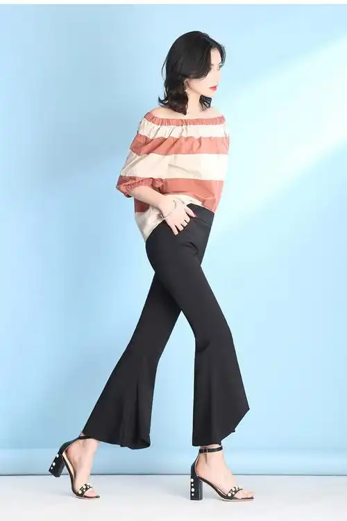 大喇叭裤女高腰2018新款九分裤松紧腰大码女裤子胖mm春夏甩腿裤子