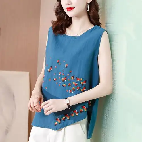 刺绣不规则棉麻吊带背心女士宽松上衣夏季新款外穿无袖t恤视频