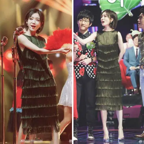 2019夏我想和你唱明星于莎莎同款墨绿色背心流苏蛋糕裙连衣裙