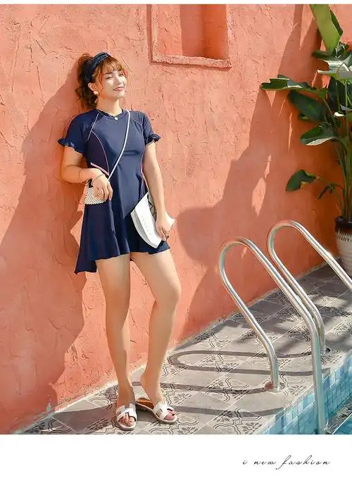 胖妹妹加肥加大码女生胖mm分体裙式遮肚泳装女士保守游泳衣藏蓝色2xl