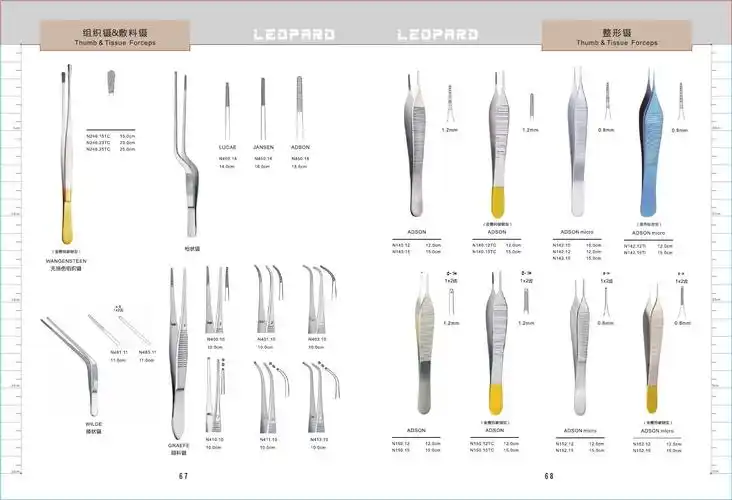 图谱包含了,手术刀柄,医用镊,医用钳,手术牵开器等手术器械名称与图片