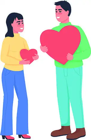 男人和女人用心表达爱平面颜色矢量详细字符.幸福的微笑夫妇.