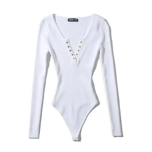 跨境亚马逊爆款深v领暗扣长袖针织连体衣女2021早秋紧身显瘦毛衣