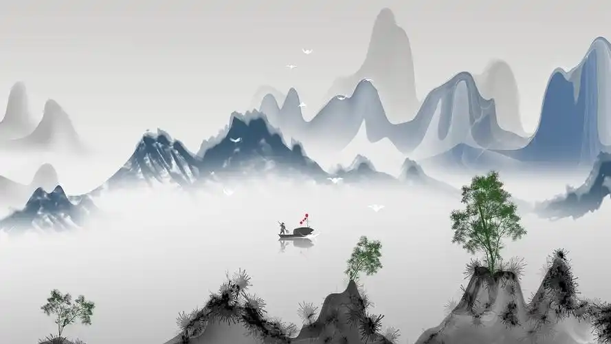 新中式蓝色水墨山水风景背景视频pr模板