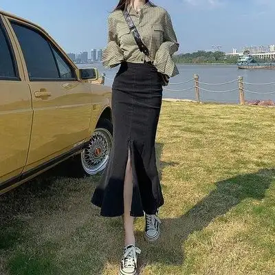 黑色牛仔鱼尾裙半身裙女秋冬大码胖mm高腰小个子显瘦穿搭包臀长裙