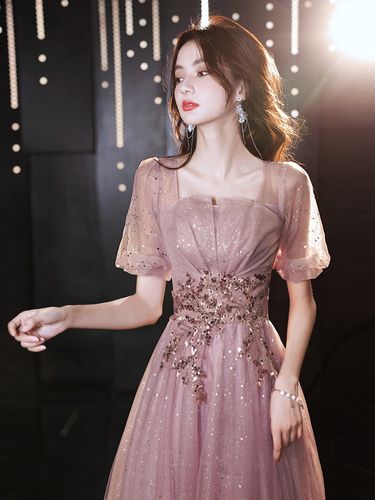 晚礼服裙女宴会气质生日派对钉珠花朵短款18岁成年礼伴娘连衣裙￥108